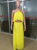Summer Yellow Pleated Halter Crop Top and Long Skirt Matching Set