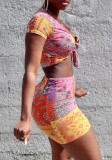 Summer Print Retro Knotted Crop Top and Mini Skirt 2PC Matching Set