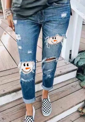 Summer Blue Patch Ripped Regular Jeans