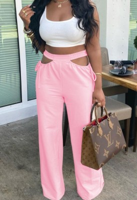 Summer Pink Hollow Out High Waist Loose Trousers