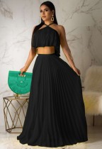 Summer Black Pleated Halter Crop Top and Long Skirt Matching Set