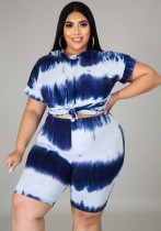 Summer Plus Size Tie Dye Blue Hoody Shirt and Shorts 2PC Set