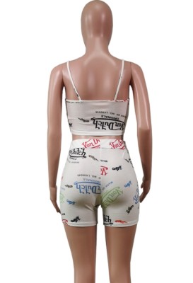 Summer Print White Bodycon Strap Vest and Biker Shorts 2PC Matching Set