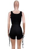 Summer Black Ribbed Vest and Ruched Strings Shorts Matching 2PC Set