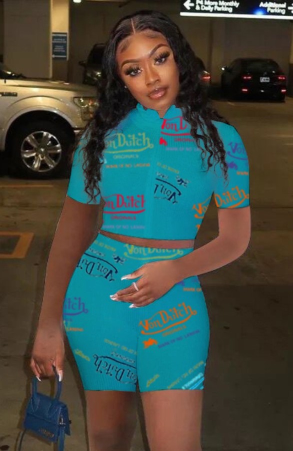Summer Print Blue Bodycon Crop Top and Shorts Two Piece Matching Set
