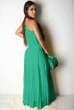 Summer Green Pleated Halter Crop Top and Long Skirt Matching Set