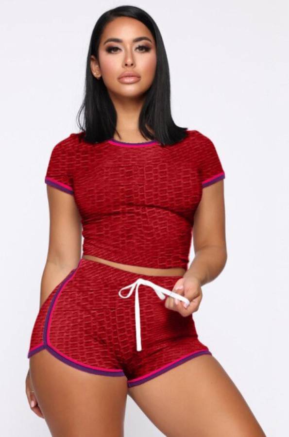 Summer Red Waffle Tight Shirt and Shorts Two Piece Matching Set