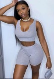Summer Grey Bodycon Crop Top and Shorts Two Piece Matching Set
