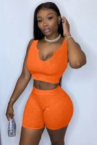 Summer Orange Bodycon Crop Top and Shorts Two Piece Matching Set