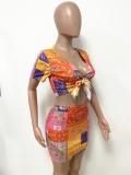 Summer Print Retro Knotted Crop Top and Mini Skirt 2PC Matching Set