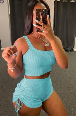 Summer Sky Blue Ribbed Vest and Ruched Strings Shorts Matching 2PC Set