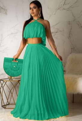 Summer Green Pleated Halter Crop Top and Long Skirt Matching Set
