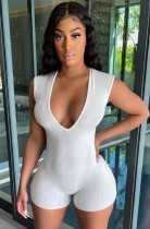 Summer White Ribbed Deep-V Sleeveless Sexy Bodycon Rompers
