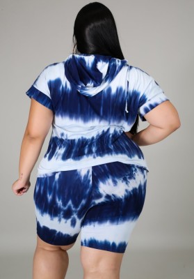 Summer Plus Size Tie Dye Blue Hoody Shirt and Shorts 2PC Set