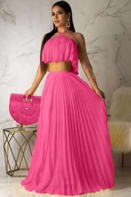 Summer Pink Pleated Halter Crop Top and Long Skirt Matching Set