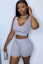 Summer Grey Bodycon Crop Top and Shorts Two Piece Matching Set
