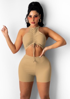 Summer Khaki Ruched Strings Scoop Crop Top and Shorts Matching 2PC Set