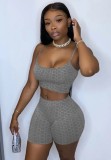 Summer Grey Waffle Strap Crop Top and Shorts 2PC Matching Set