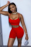 Summer Red Waffle Strap Crop Top and Shorts 2PC Matching Set