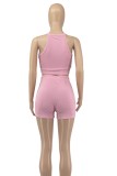 Summer Pink Ruched Strings Scoop Crop Top and Shorts Matching 2PC Set