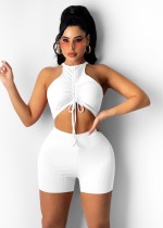 Summer White Ruched Strings Scoop Crop Top and Shorts Matching 2PC Set