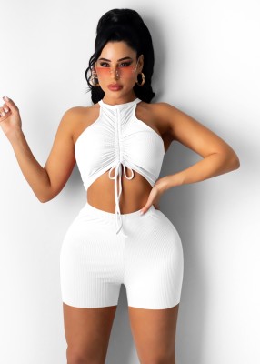 Summer White Ruched Strings Scoop Crop Top and Shorts Matching 2PC Set
