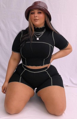 Summer Plus Size Black Crop Top and Shorts 2pc Matching Set