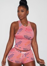 Summer Sports Print Pink Vest and Shorts 2PC Jogger Set