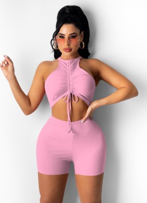 Summer Pink Ruched Strings Scoop Crop Top and Shorts Matching 2PC Set