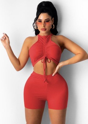 Summer Red Ruched Strings Scoop Crop Top and Shorts Matching 2PC Set