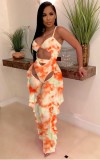 Summer Tie Dye Orange Strap Bodysuit and Matching Ruffles Pants Set