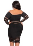 Summer Plus Size Black Off Shoulder Stripes Bodycon Dress with Sleeves