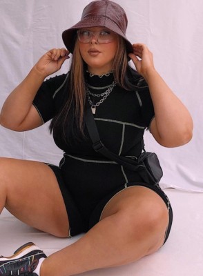 Summer Plus Size Black Crop Top and Shorts 2pc Matching Set