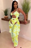 Summer Tie Dye Yellow Strap Bodysuit and Matching Ruffles Pants Set