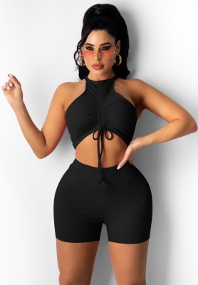 Summer Black Ruched Strings Scoop Crop Top and Shorts Matching 2PC Set
