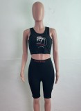 Summer Casual Black Print Ribbed Vest Crop Top and High Waist Shorts 2PC Set