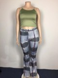Summer Plus Size Green Strap Crop Top and Tie Dye Pants 2PC Set