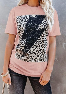 Summer Print Pink O-Neck Cotton Shirt with Short Sleeves