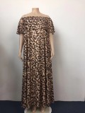 Summer Plus Size Leopard Print Off Shoulder Long Maxi Dress