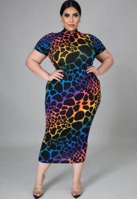 Summer Plus Size Colorful Short Sleeve Midi Dress