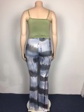 Summer Plus Size Green Strap Crop Top and Tie Dye Pants 2PC Set