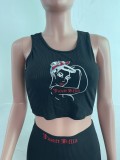 Summer Casual Black Print Ribbed Vest Crop Top and High Waist Shorts 2PC Set