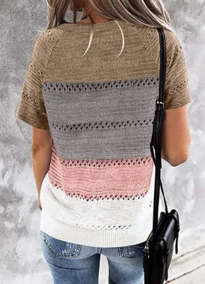Summer Block Color Hollow Out V-Neck Knit Tops