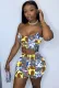 Summer Retro Print Strap Crop Top and High Waist Shorts Matching 2PC Set