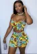Summer Retro Print Strap Crop Top and High Waist Shorts Matching 2PC Set