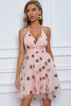 Summer Party Sequins Pink Mesh Halter Skater Dress