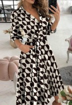 Spring Print Elegant Wrapped Skater Dress with 3/4 Sleeves