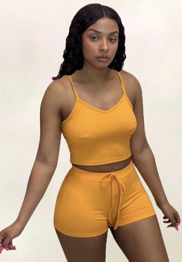 Summer Solid Color Matching Halter Crop Top and Shorts 2pc Set