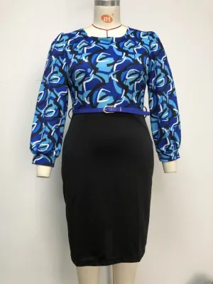 Spring Plus Size Mother of Bride Print Midi Dress with Full Sleeves