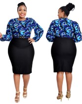 Spring Plus Size Mother of Bride Print Midi Dress with Full Sleeves